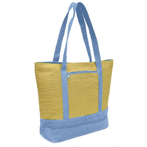 Straw Shopping Tote Bags - Paper Straw w/ Color Band Trim - Blue - BG-ST400BL